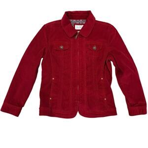 Woman's Live A Little Denim Jean Corduroy Red Button Zipepr Jacket Size XL